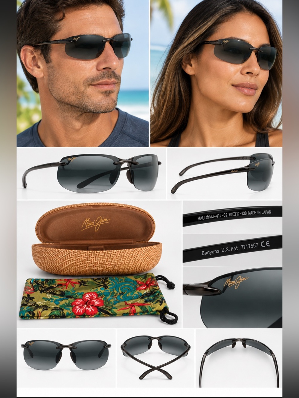 Maui Jim Banyans 412 Wraparound Polarized Sunglasses with  Case and Floral Pouch